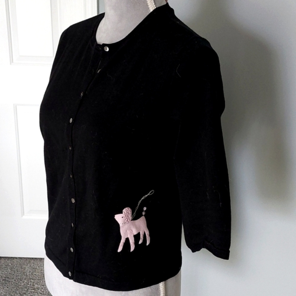 Easel cardigan black cotton knit with pink poodle, M